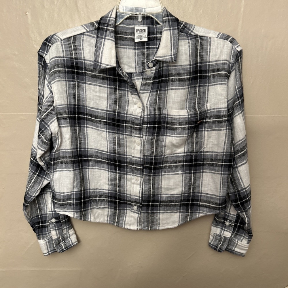 victoria secret Pink Medium Black Charcoal Plaid Cropped Flannel Shirt